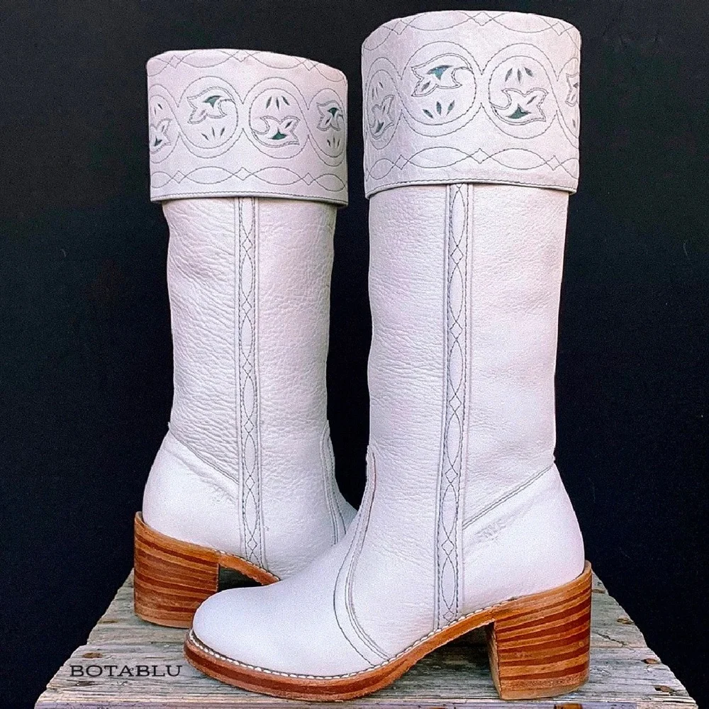 SOLD FRYE Vintage White Sabrina Campus Tooled Cuff Tall Knee High Western Boots - Picture 11 of 12